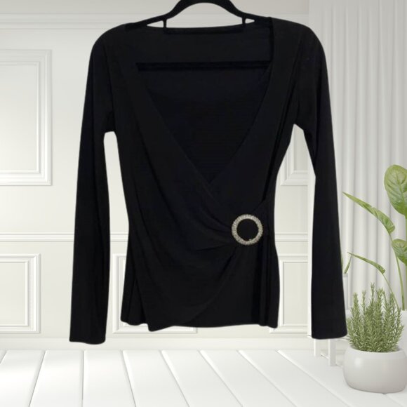 Black Long Sleeve Wrap Top with Decorative Hoop – Size S, Partial Cami Insert - Picture 1 of 10